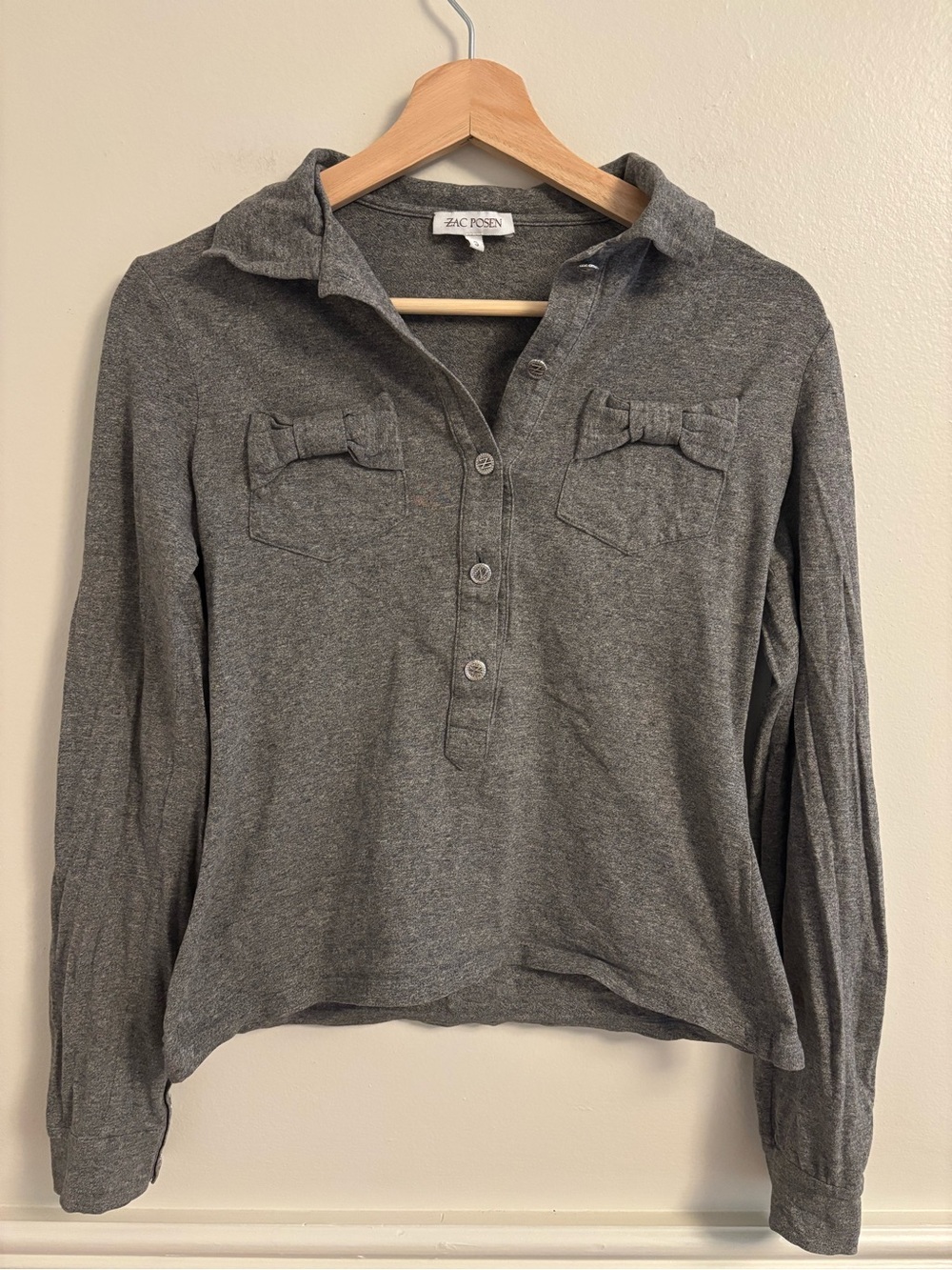 Zac Posen Gray Long-Sleeve Bow Pocket half Button Down Top
